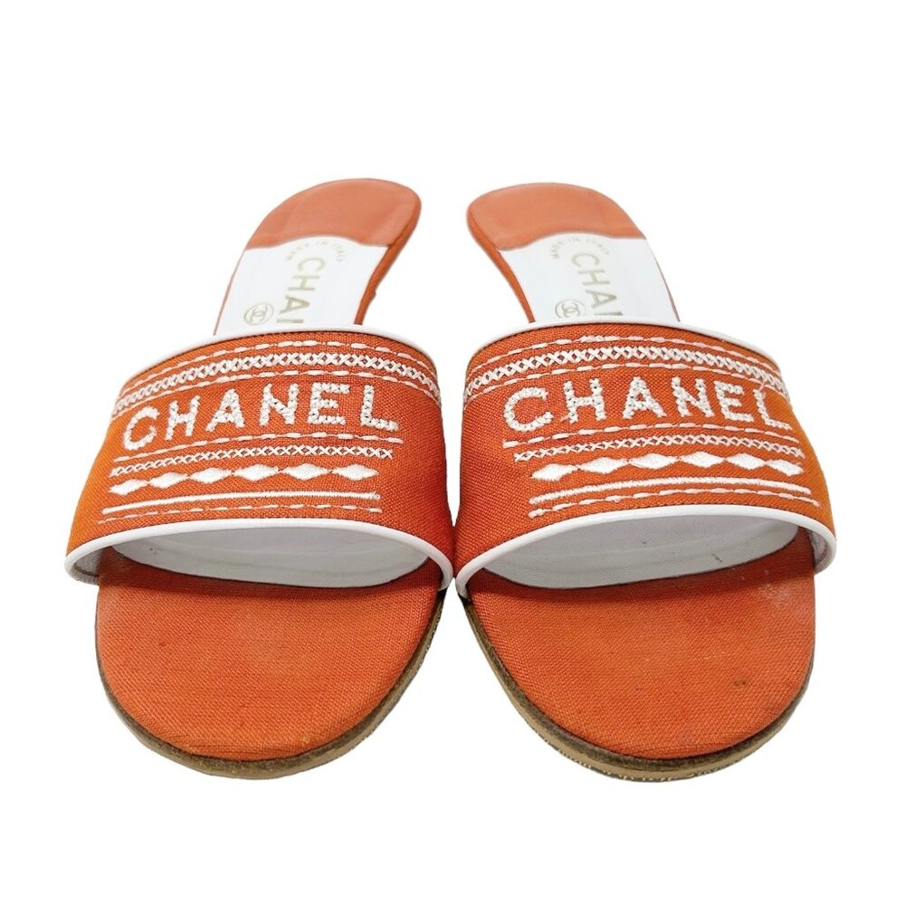 CHANEL Vintage Jacquard Logo Sandals #38.5 US7 Orange Embroidery Linen [103399] - Picture 3 of 10
